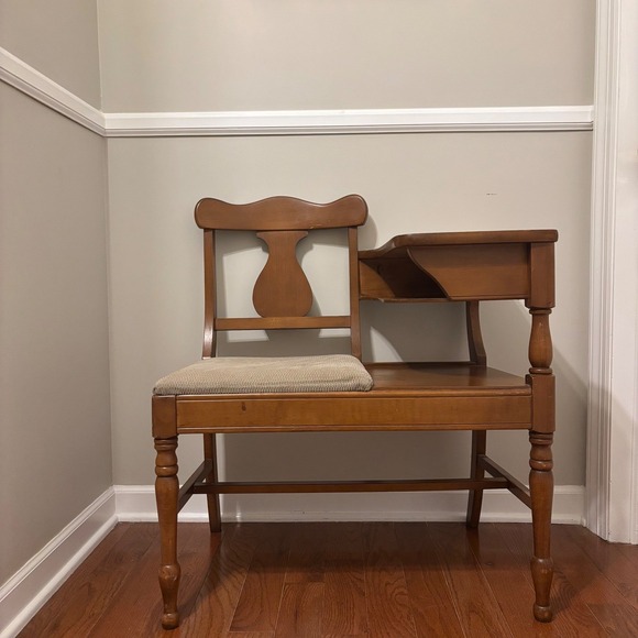 Vintage Gossip Bench Wooden Chair Desk Storage Shelf Telephone Table Tan cushion - Picture 4 of 16